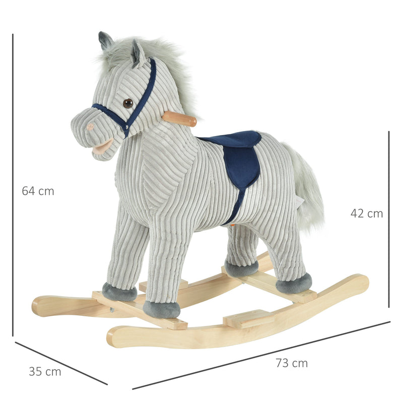 Baloiço Infantil de Cavalo para Crianças acima de 3 Anos Baloiço de Pelúcia com Sons de Relinchos e Galopes e Base de Madeira 73x35x64cm Azul e Cinza