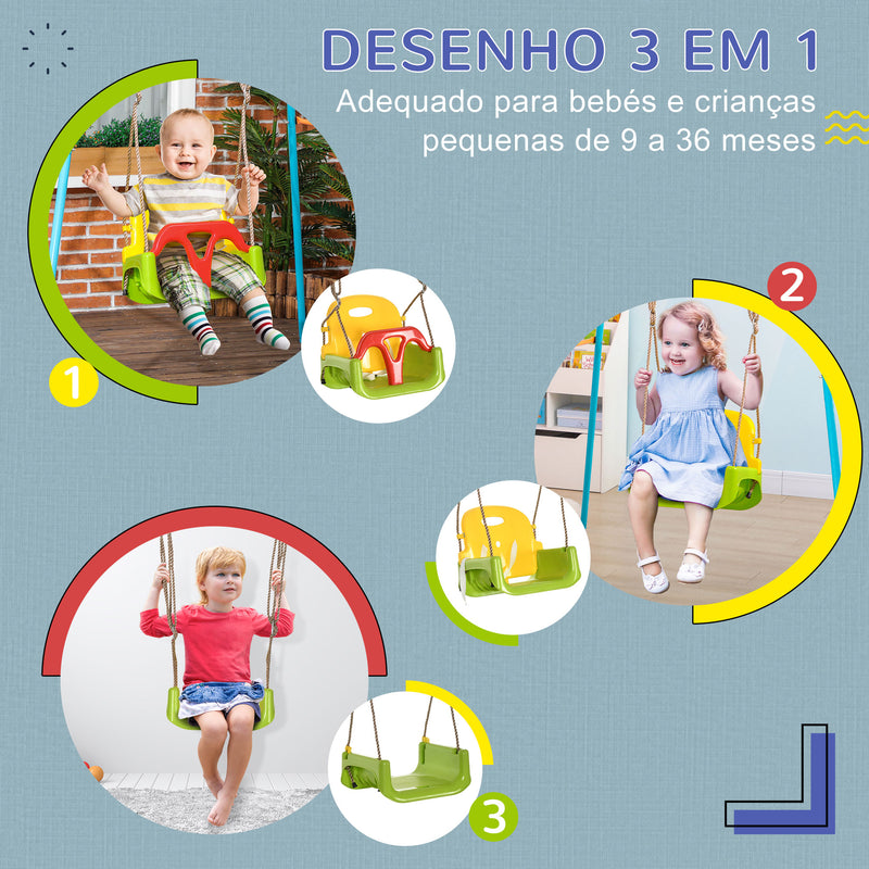 Baloiço para Bebé 3 em 1 com Encosto Desmontável Cordas Ajustáveis e Barra em T Baloiço Infantil para Crianças de 9-36 Meses para Interior e Exterior 42x33x120-180 cm Multicor