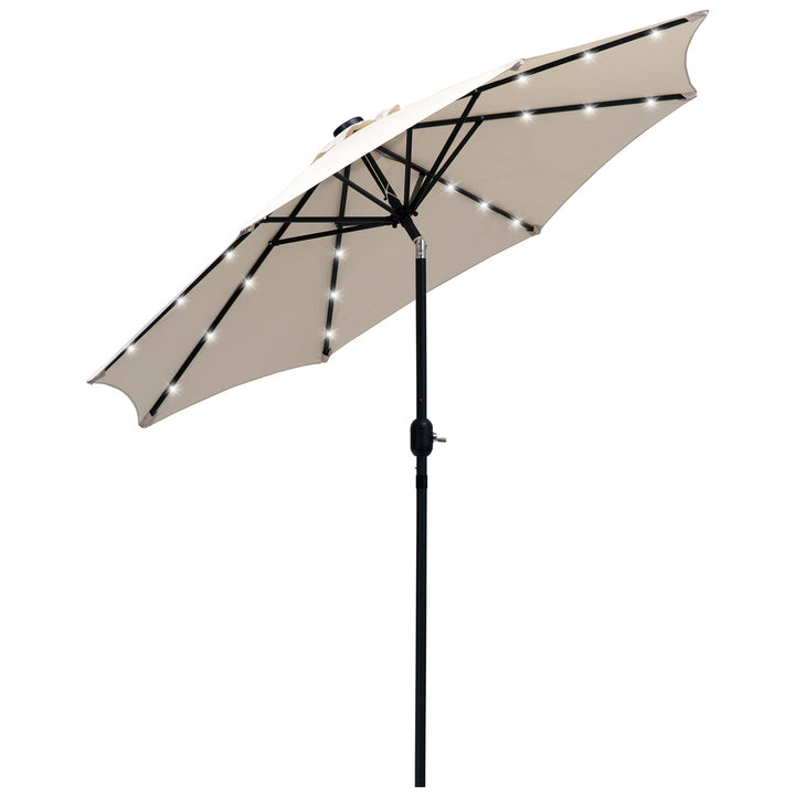 Chapéu de Sol de Jardim Ø270x240cm com 24 Luzes LED Solar Mecanismo de Inclinação Manivela e Mastro Desmontável de Metal para Terraço Piscina Pátio Creme