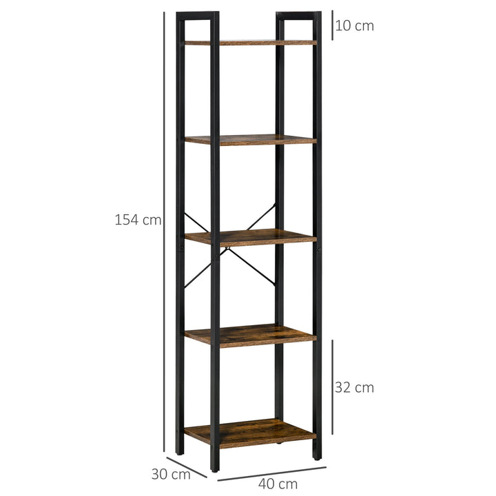 Estante de Estilo Industrial de 5 Níveis Estante para Livros de Armazenamento com Estrutura de Aço para Sala de Estar Escritório Cozinha Dormitório 40x30x154cm Marrom Rústico