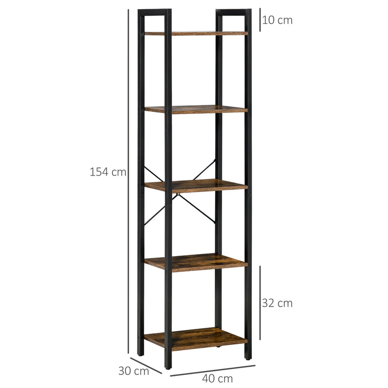 Estante de Estilo Industrial de 5 Níveis Estante para Livros de Armazenamento com Estrutura de Aço para Sala de Estar Escritório Cozinha Dormitório 40x30x154cm Marrom Rústico