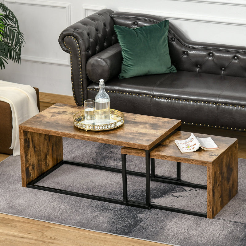 Conjunto de 2 Mesas de Centro Mesinhas de Café com Pés de Metal Estilo Industrial para Sala de Estar Sala de Jantar 90x48x42cm e 59x42x36cm Marrom Rústico