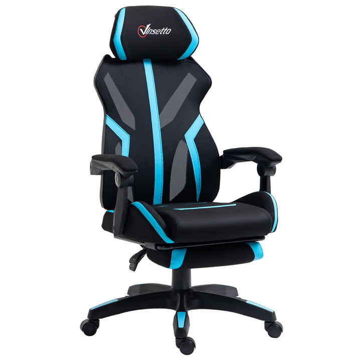 Cadeira de Gaming com Apoio para os Pés Retrátil Cadeira de Escritório Reclinável com Apoio para a Cabeça e Altura Ajustável 65x65x119-129cm Preto e Azul