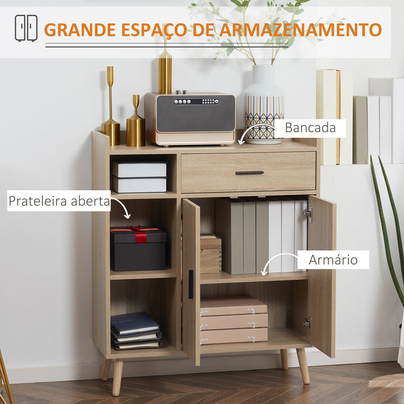 Aparador de Sala de Estar Moderno com 2 Portas 1 Gaveta e 3 Prateleiras Abertas Aparador Auxiliar de Armazenamento para Cozinha Dormitório Entrada Anti-Tombo 80x30x96,5cm Madeira