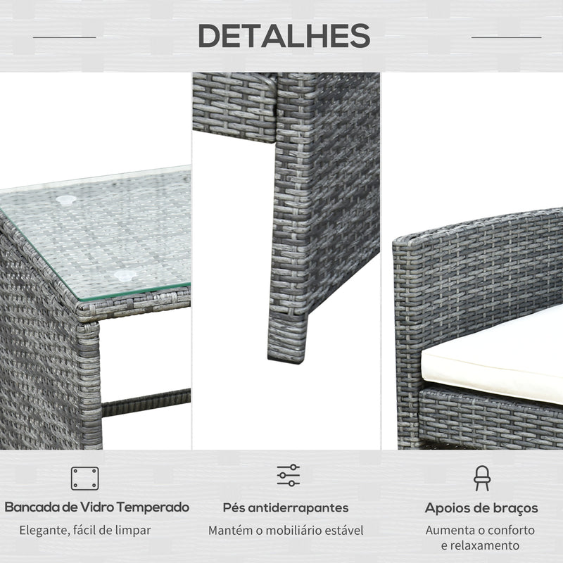 Conjunto Móveis de Jardim de Vime Conjunto de 4 Peças Incluindo 1 Sofá de 2 Lugares 2 Poltronas e 1 Mesa de Centro com Bancada de Vidro para Varanda Cinza