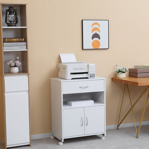 Armário para Impressora Móvel para Impressora com Rodas Gaveta 2 Portas e Compartimento Aberto para Sala de Estar Escritório Estúdio 60x39x80cm Branco
