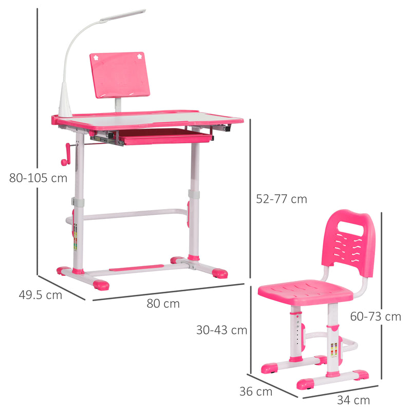 Conjunto de Secretária e Cadeira para Crianças acima de 3 Anos Secretária Infantil com Altura Ajustável Mesa Inclinável Gaveta Lâmpada LED e Suporte para Lápis 80x49,5x80-105cm e 36x34x60-73cm Rosa