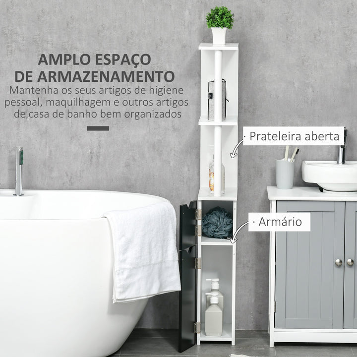 Armário Casa de Banho com 2 Portas e 2 Prateleiras Abertas Coluna Auxiliar para Casa de Banho Sala de Estar Dormitório Estilo Moderno 15,2x29,8x118cm Branco e Preto