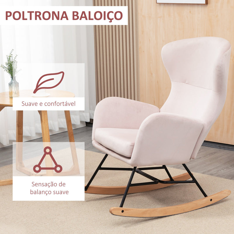 Poltrona Baloiço Estofada em Veludo Poltrona Baloiço Relax com Assento Acolchoado Apoio para os Braços e Pés de Madeira de Faia para Sala de Estar Dormitório 65x87x102cm Rosa