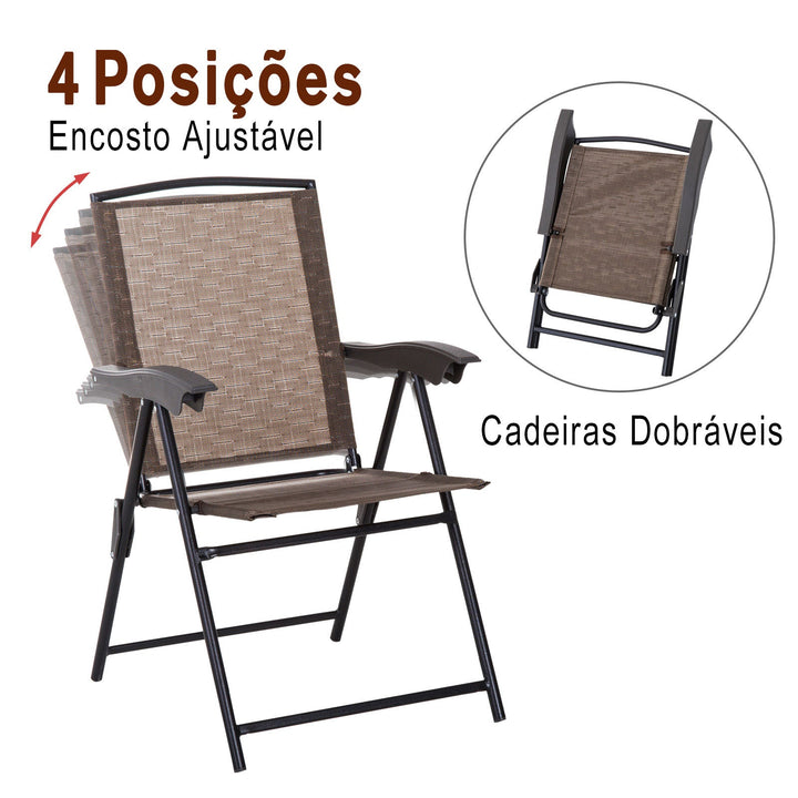 Conjunto de Mesa e 2 Cadeiras Cadeira Dobrável Encosto Reclináveis a 4 Níveis Armação de Aço Marrom