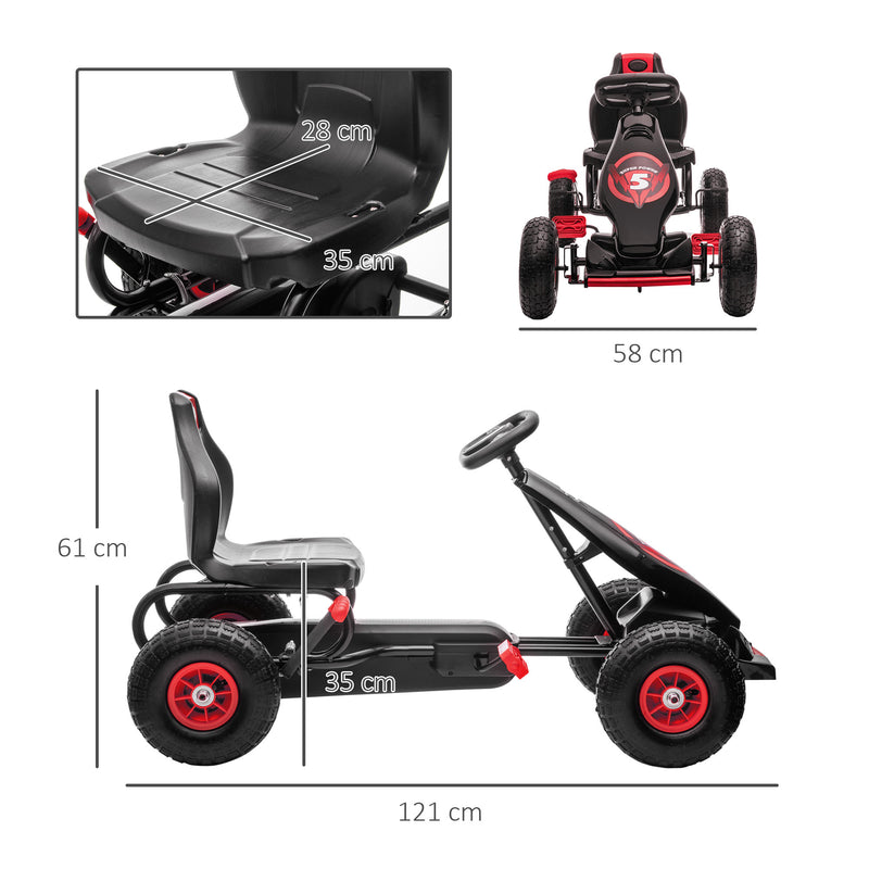 Kart a Pedais para Crianças 5-12 Anos Kart a Pedais Infantil com Assento Ajustável Pneus Insufláveis Amortecimento e Travão de Mão Carga Máx. 50kg 121x58x61cm Vermelho