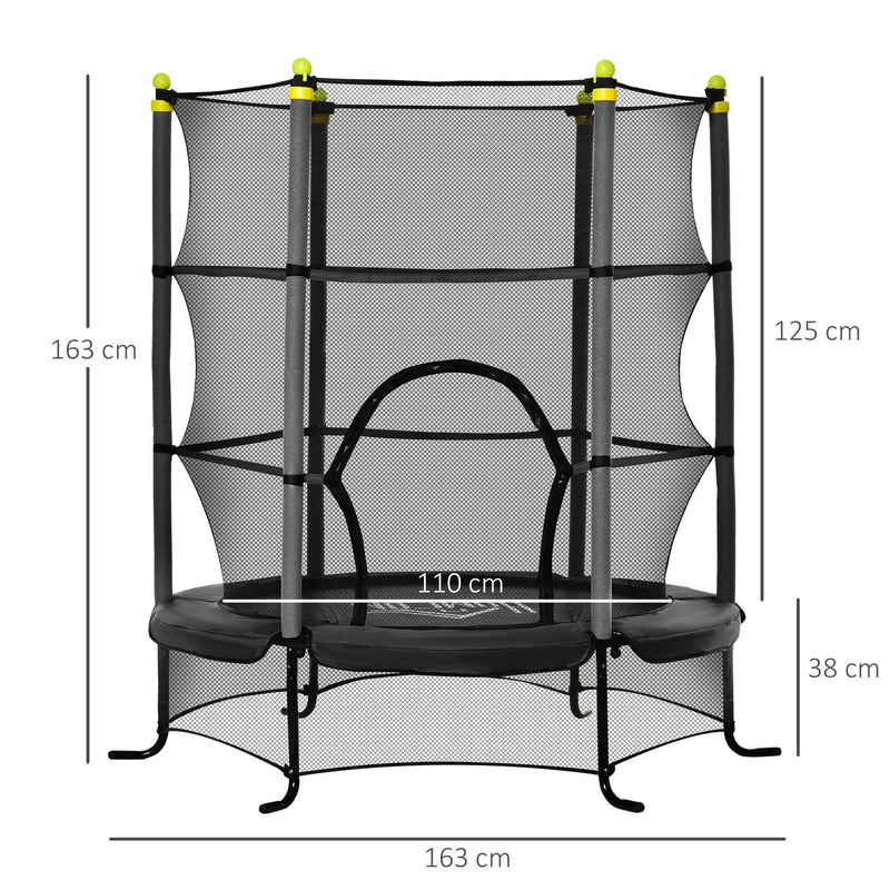 Trampolim para Crianças acima de 3 Anos Cama Elástica Infantil com Rede de Segurança e Estrutura de Aço para Interiores e Exteriores Carga 45kg 163x163x163 cm Preto