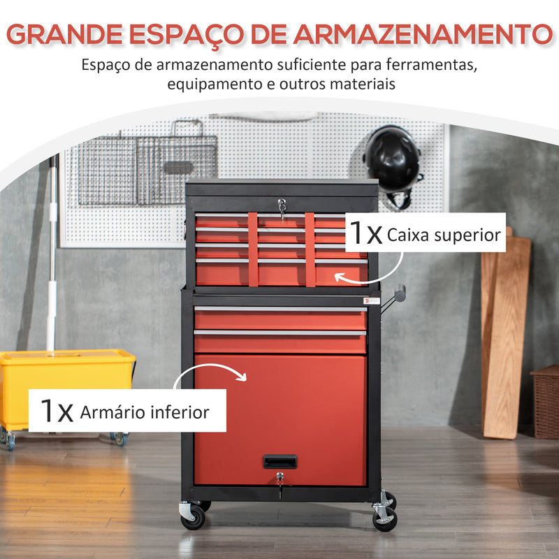 Carro de Ferramentas com Rodas 6 Gavetas Armário de Armazenamento com Fechadura e Alça Lateral Carga Máxima 150kg 70x33x108cm Preto e Vermelho