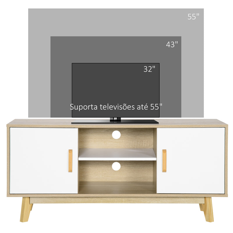 Móvel de TV para Televisores de até 55 Polegadas Móvel de TV Moderna com 2 Gavetas 2 Prateleiras Abertas e Prateleira Interior Ajustável para Dormitórios 120x40x55cm Madeira e Branco