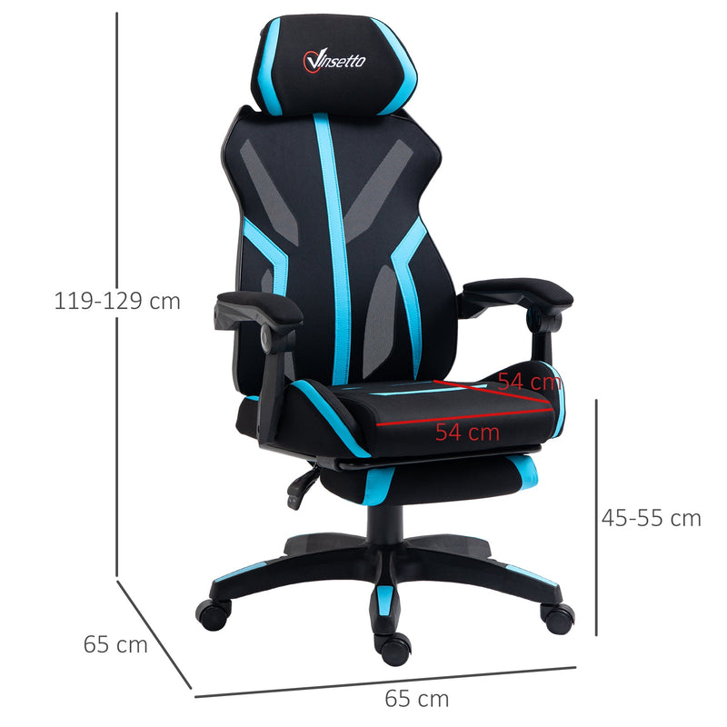 Cadeira de Gaming com Apoio para os Pés Retrátil Cadeira de Escritório Reclinável com Apoio para a Cabeça e Altura Ajustável 65x65x119-129cm Preto e Azul