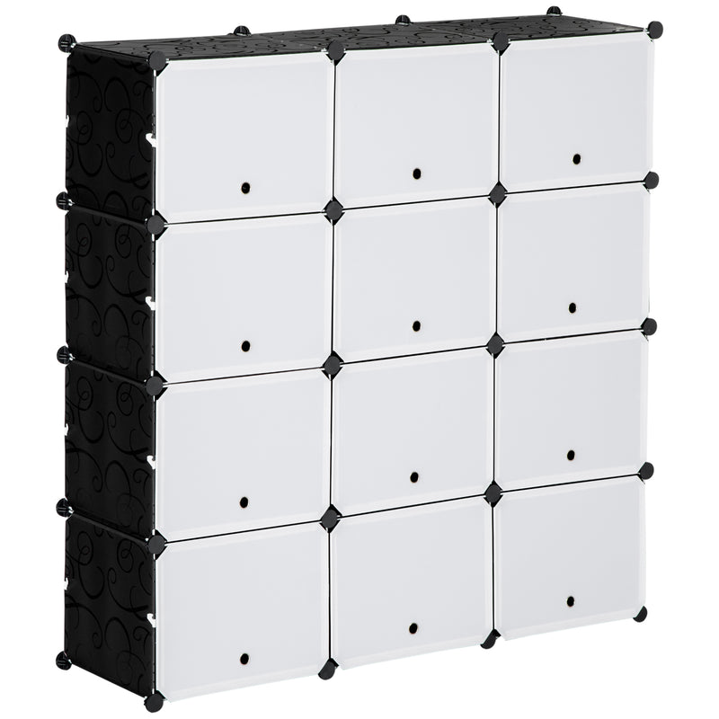 Armário Modular de Plástico Armário Portátil com 12 Cubos Organizadores de Sapatos Roupas Brinquedos para Entrada Corredor Dormitório 125x32x125cm Branco e Preto