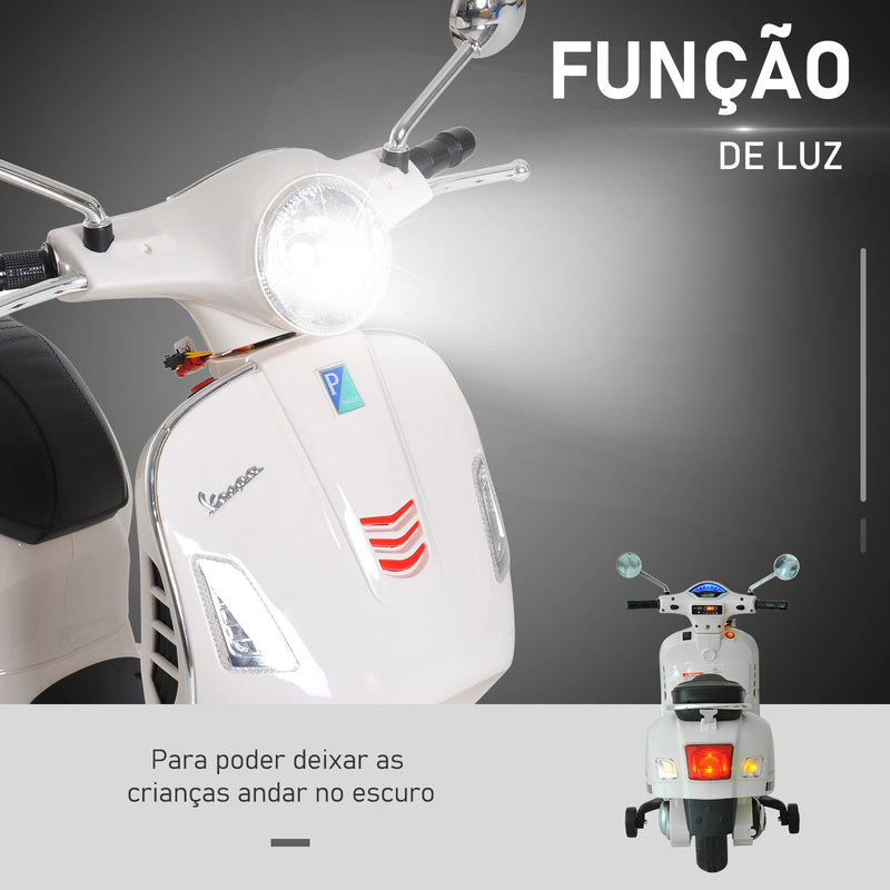 Mota elétrica vespa para crianças acima de 3 anos bateria 6V com musica faroie e rodas auxiliares Carga 25 kg branco