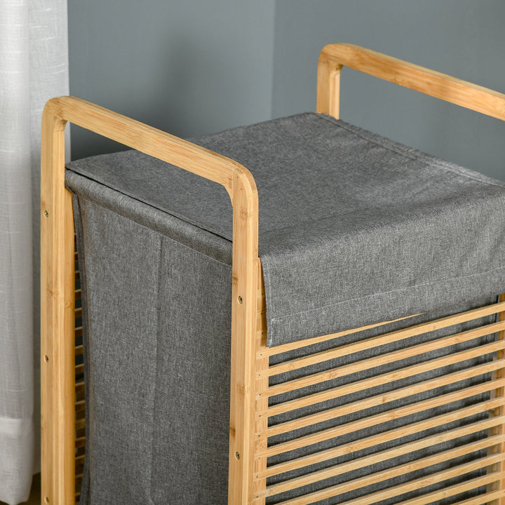 Cesto para Roupa Suja de Bambú Portátil com Tampa e Bolsa Removível Móvel de Casa de Banho 40x35,5x60,5cm Cor Natural e Cinza