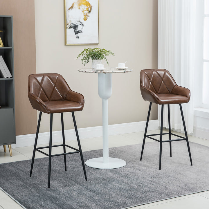 Conjunto de 2 Bancos Altos de Cozinha Bancos de Bar Estofados em PU com Encosto Alto Pés de Aço e Apoio para os Pés para Sala de Jantar Carga 120kg 50x47,5x102,5cm Marrom