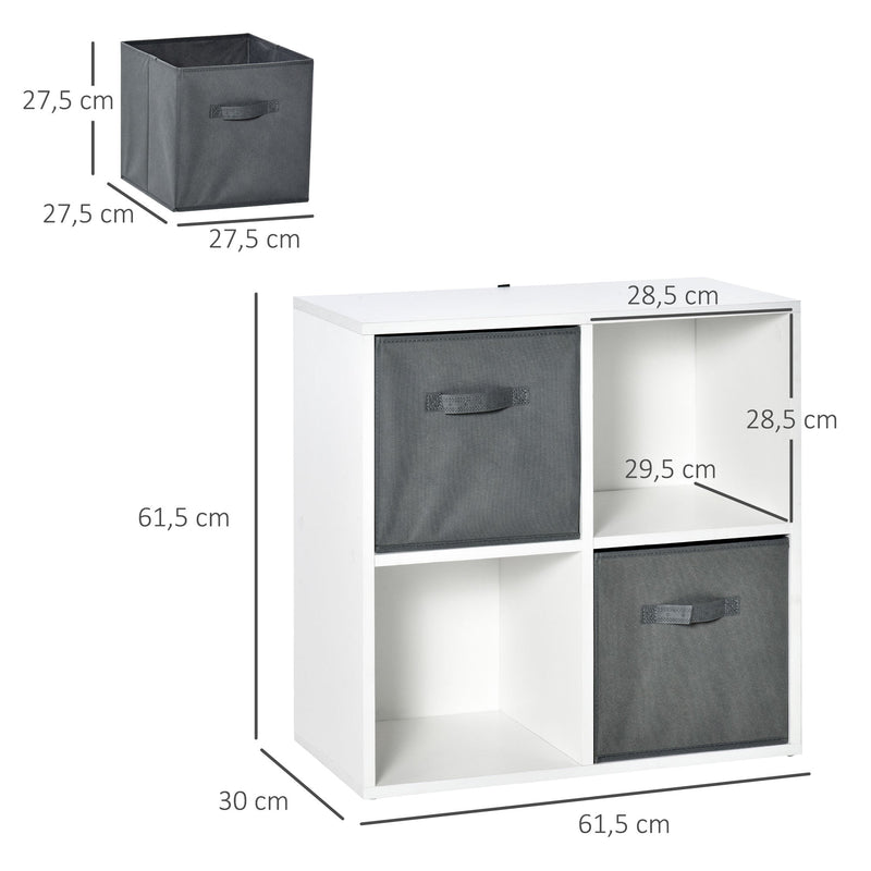 Estante para Livros de 4 Cubos Estante Modular com 2 Cestos Removíveis de TNT para Escritório Estúdio Dormitório 61,5x30x61,5cm Branco e Cinza