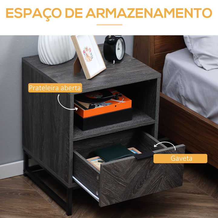 Mesa de Cabeceira com 1 Gaveta Prateleira Aberta e Pés de Aço Mesa de Cabeceira para Dormitório Sala de Estar Escritório Estilo Moderno 40x40x52cm Cinza Escuro