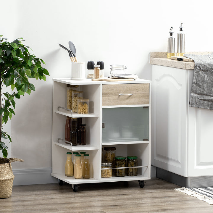 Carrinho de Cozinha com 1 Gaveta Porta de Vidro e Prateleiras Abertas Carrinho de Cozinha Auxiliar com Rodas para Sala de Estar Casa de Banho 65x39x80cm Madeira e Branco