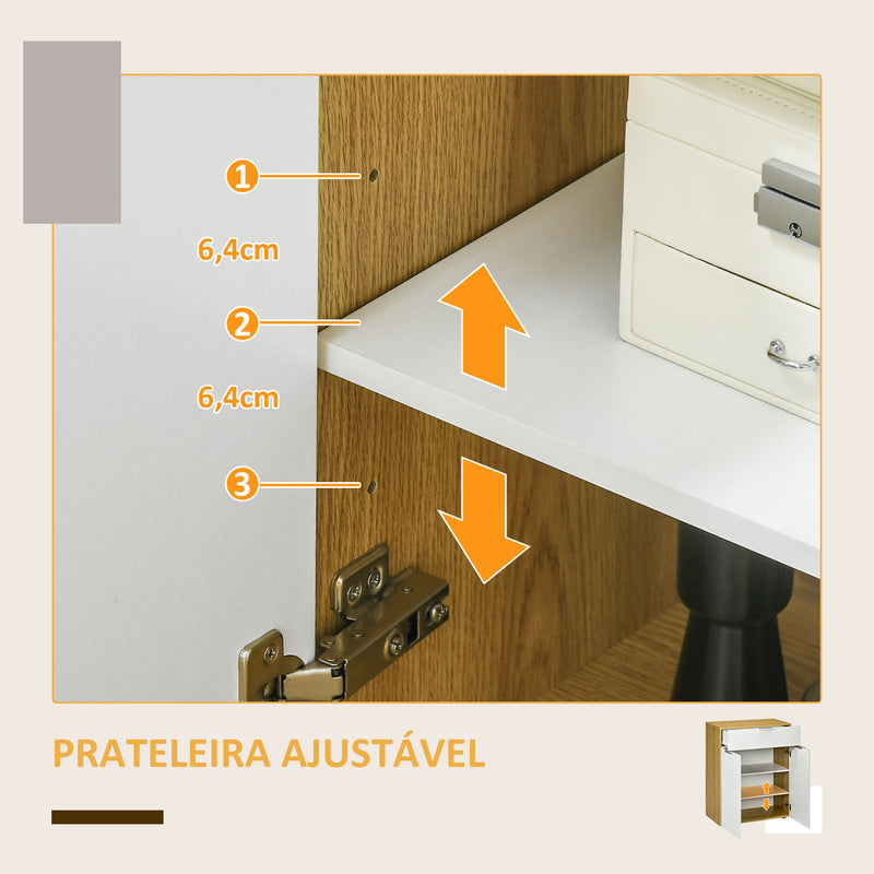 Aparador de Sala de Estar Armário Multiusos de Alto Brilho com Gaveta 2 Portas e Prateleira Ajustável para Sala de Jantar Dormitório 70x35x92 cm Branco e Madeira