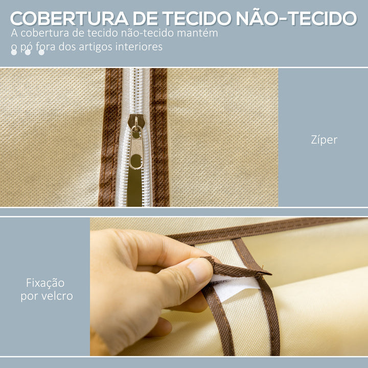Roupeiro de Tecido Dobrável Armário Portátil com 8 Prateleiras de Armazenamento e 2 Barras de Pendurar Organizador de Roupa para Dormitório Vestidor 125x43x162,5cm Creme
