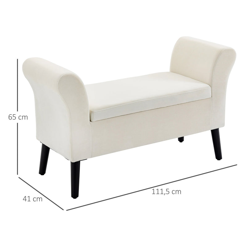 Banco para Pé de Cama Estofado em Veludo Banco de Armazenamento Acolchoado com Tampa Apoio para os Braços Pés de Madeira para Dormitório Sala de Estar 111,5x41x65cm Branco Creme