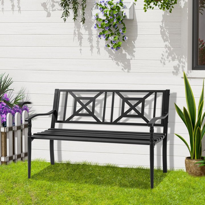 Banco de Jardim de 2 Lugares Banco de Exterior de Aço com Apoio para os Braços e Encosto Decorativo para Terraço Varanda Pátio Carga 280kg 128x62,5x81,5cm Preto