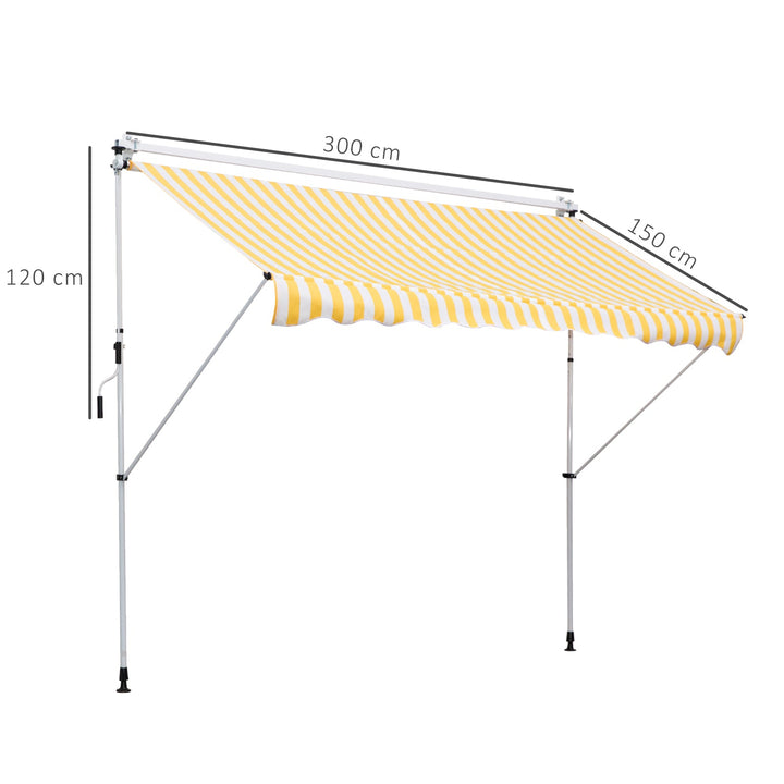 Toldo Portátil Pátio Varanda 3x1,5m Toldo Manual Dobrável de Alumínio Altura Regulável com Manivela para Terraço Jardim Amarelo e Branco