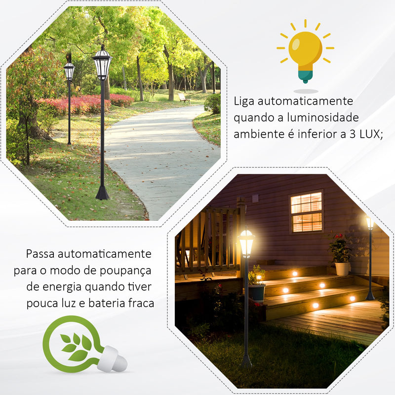 Conjunto de Candeeiros Solares de Jardim com Luzes LED Branca 3500K Impermeável IP44 Sensor de Noite 2 Candeeiros de Exterior para Terraço Pátio 18,5x18,5x129cm Preto