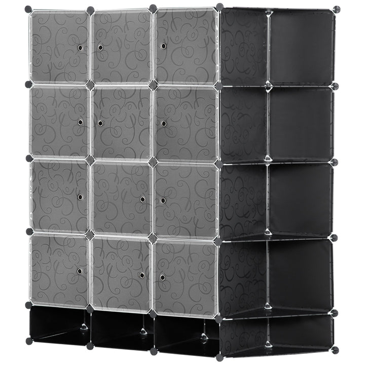 Armário Modular de Plástico Armário Portátil com 16 Cubos e 2 Barras Organizador de Sapatos Roupas Brinquedos para Entrada Corredor Dormitório 145x46x162cm Preto e Branco