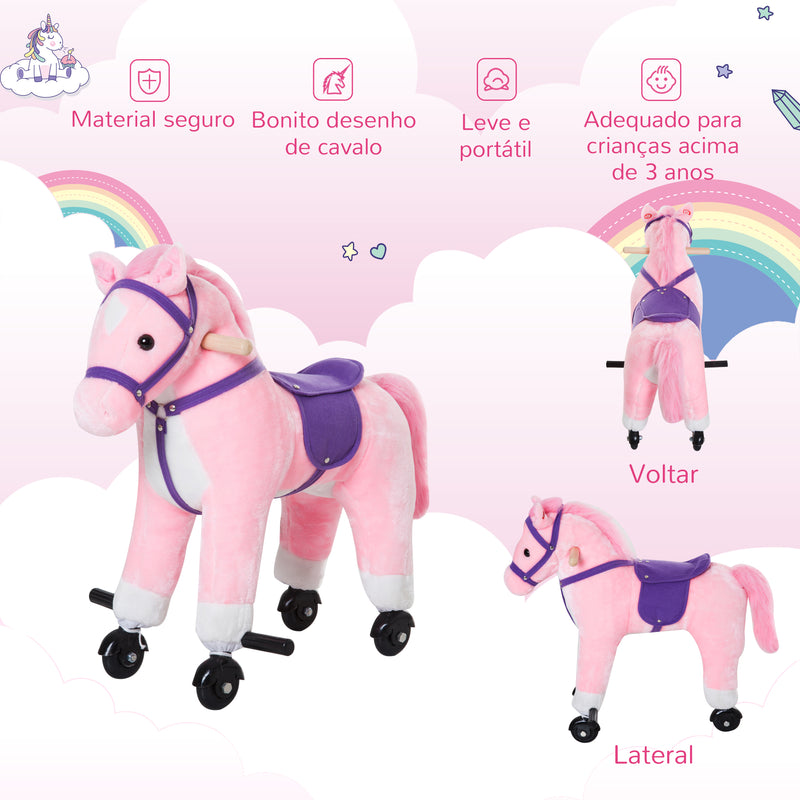 Cavalo para Crianças acima de 36 Meses Cavalo com Rodas Sons de Relincho e Pedais Carga Máxima 60 kg 55x23x60 cm Rosa