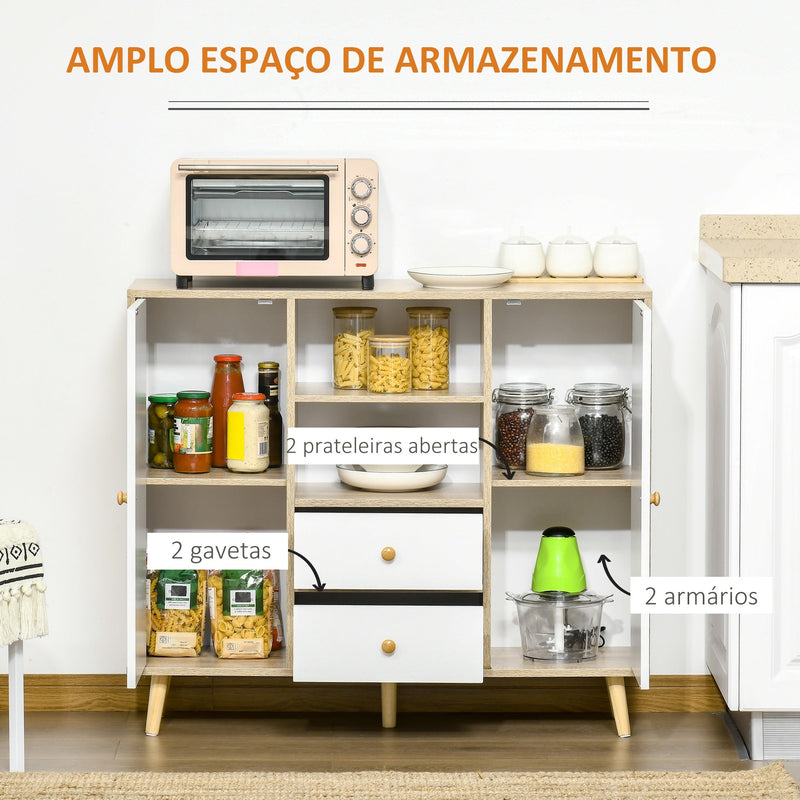 Aparador de Sala de Estar com 2 Portas 2 Gavetas e 2 Prateleiras Abertas Móvel Auxiliar de Armazenamento para Cozinha Entrada 100x30x85cm Branco e Natural