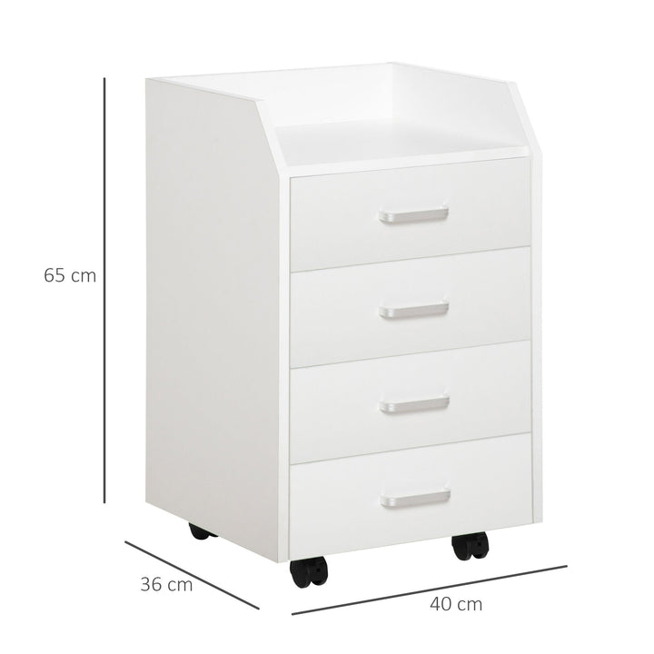 Bloco de Gavetas Móvel Auxiliar com 4 Gavetas Bancada Superior de Armazenamento 4 Rodas e 2 Freios para Estúdio Escritório 40x36x65cm Branco