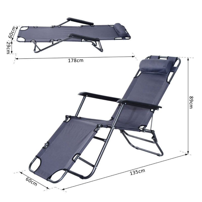 Espreguiçadeira Reclinável Dobrável com Encosto Ajustável Apoio de Braço e Apoio para os Pés Carga 136 kg 135x60x89cm Cinza