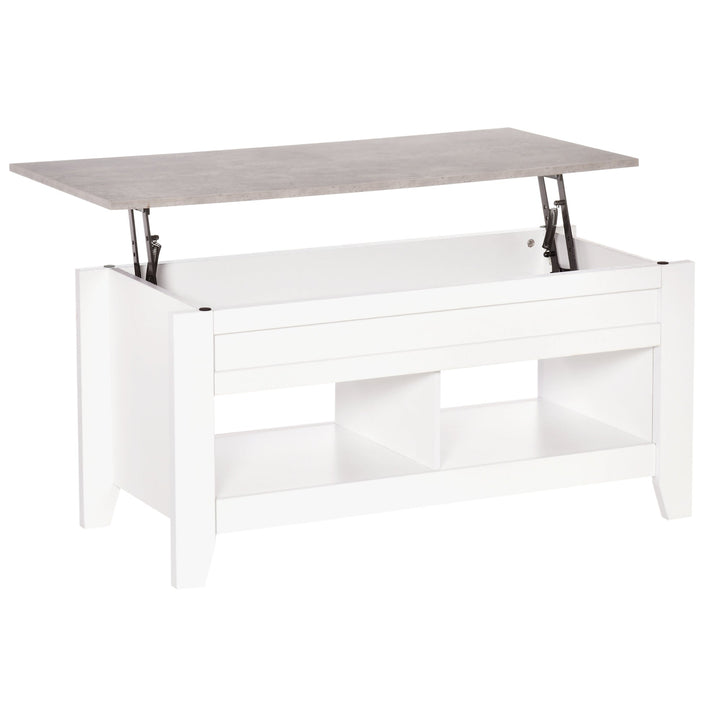 Mesa de Centro com Bancada Elevável Mesa de Centro com 2 Compartimentos Abertos Bancada de Imitação a Mármore Mesa Retangular para Sala de Estar 105x50x49cm Branco