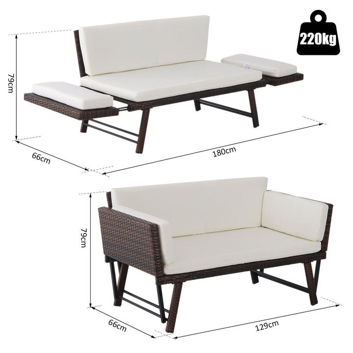 Sofá de Dois Lugares Ratán Sintético Convertível en Cama Sofá de Jardim Exterior com Almofada Castanha Cadeira Móvel Mobiliário Pátio Terraço 129x66x79cm