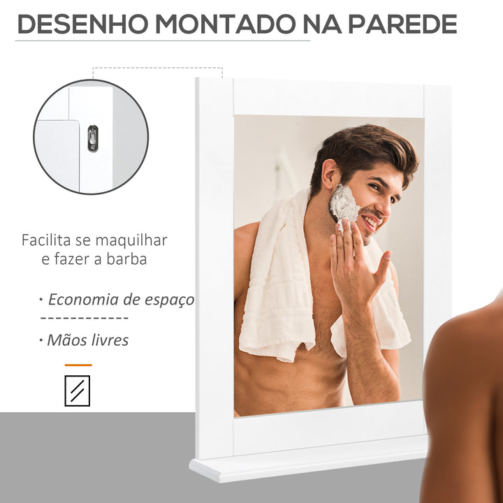 Espelho de Casa de Banho 50x11,x5x60cm Espelho de Parede Moderno com Prateleira de Armazenamento e Estrutura de Madeira para Dormitório Casa de Banho Branco