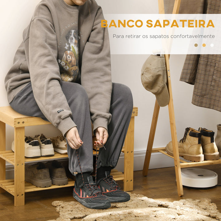 Banco Sapateira de Bambu Sapateira com Assento Organizador de Sapatos com 2 Prateleiras para 6-9 Pares de Sapatos para Entrada Sala de Estar Dormitório 70x28x45 cm Madeira