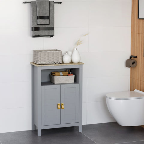 Armário de banheiro para armazenamento Armário de piso com 2 portas e prateleiras internas ajustáveis para cozinha Quarto Sala de estar 59x30x85 cm Cinza