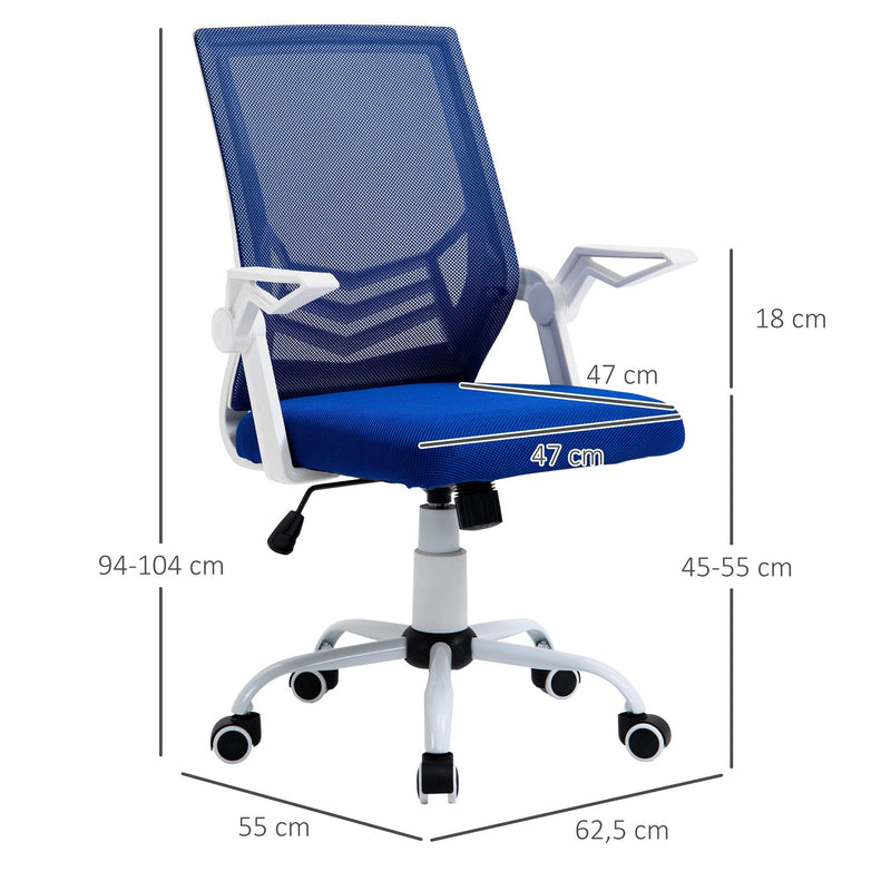 Cadeira de Escritório Ergonômica Giratória com Altura Ajustável Apoio para os Braços Dobrável Suporte Lombar e Encosto Transpirável 62,5x55x94-104cm Azul