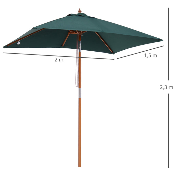 Chapéu de Sol de Jardim 200x150x230cm Chapéu de Sol Retangular Inclinável com Polia Duplo Teto e Mastro Desmontável de Madeira para Terraço Pátio Verde