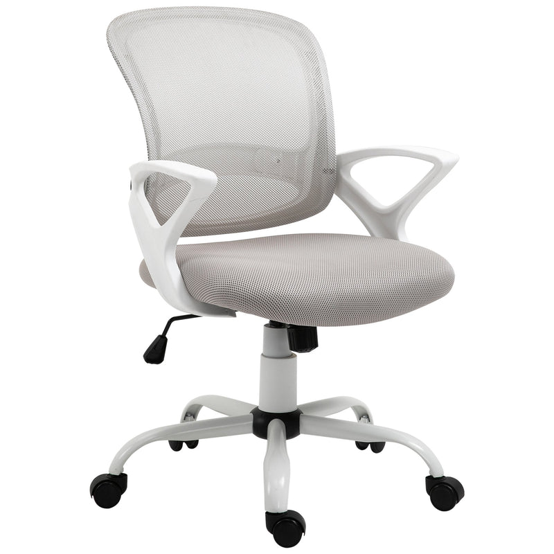 Cadeira de Oficina Ergonômica Basculante com Altura Ajustável Assento Giratório 360° Suporte Lombar e Malha Transpirável 61x61x89-99cm Cinza e Branco