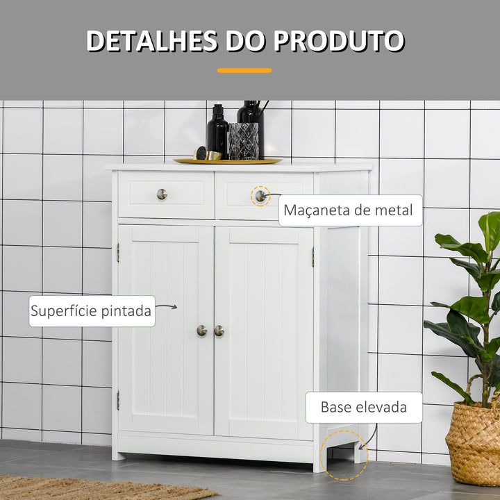 Armário Auxiliar Casa de Banho Móvel Auxiliar de Casa de Banho com 2 Gavetas 2 Portas e Prateleira Ajustável Estilo Moderno para Duche Dormitório 60x30x75cm Branco