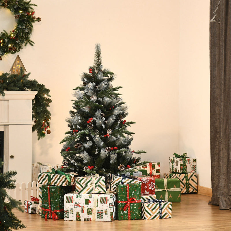 Árvore de Natal Artificial 120cm com 239 Ramas 27 Pinhas e 27 Frutinhas Folhas de PVC PE Base Dobrável e Suporte Metálico Decoração de Natal para Interiores Verde