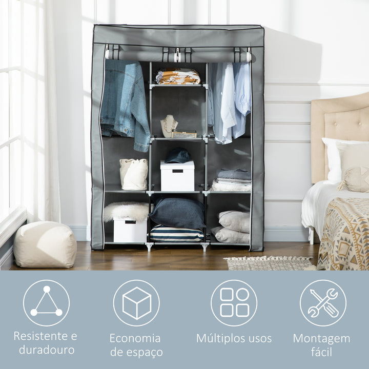 Roupeiro de Tecido Dobrável Armário Portátil com 8 Prateleiras de Armazenamento e 2 Barras de Pendurar Organizador de Roupa para Dormitório Vestidor 125x43x162,5cm Cinza Claro