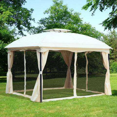 Pérgola Exterior 3x3.65x2.75m de Jardim Marco de Ferro com Parede Lateral e Mosquiteira Cor Creme