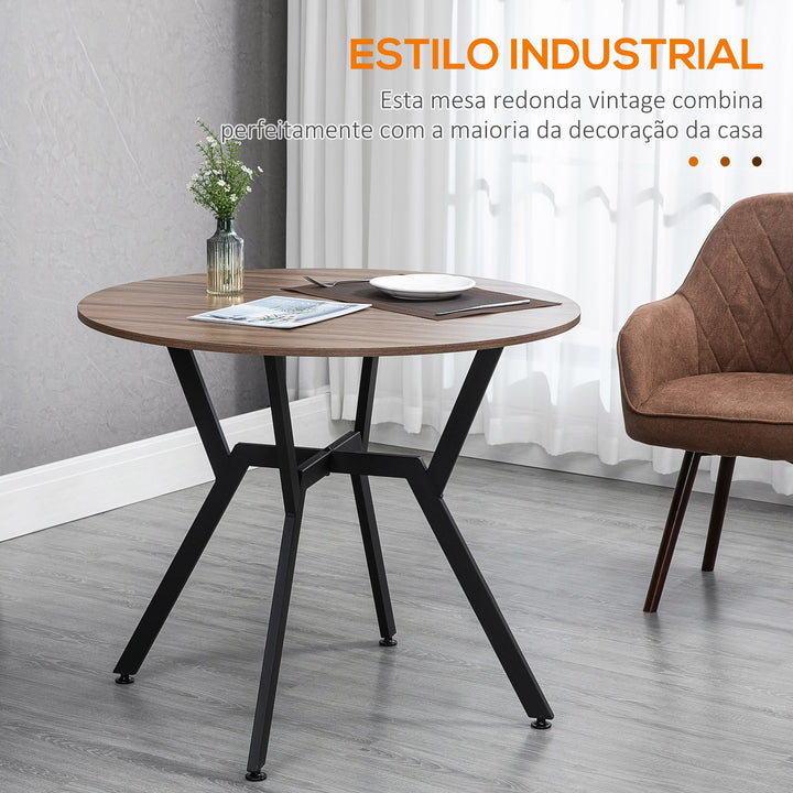 Mesa de Cozinha Redonda Mesa de Jantar Estilo Industrial com Bancada de Madeira e Estrutura de Aço para Sala de Jantar Carga 60kg Ø90x76 cm Marrom e Preto